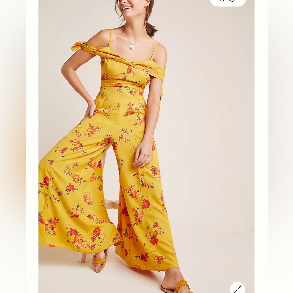 Anthropologie Londonderry Jumpsuit 4 Floral on Gold Wide Leg Romper